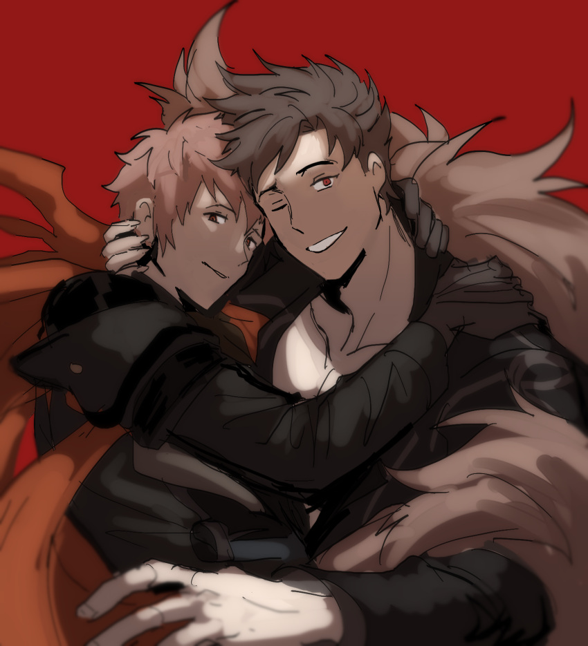 2boys ;) belial_(granblue_fantasy) black_hair brown_eyes brown_hair collarbone dark_persona feather_boa glasses_enthusiast gran_(granblue_fantasy) granblue_fantasy highres looking_at_viewer multiple_boys one_eye_closed red_background red_eyes shaded_face simple_background smile tareme upper_body yaoi