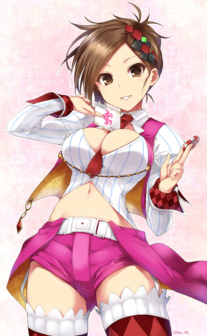 1girl absurdres antenna_hair argyle argyle_legwear arm_up bangs belt belt_buckle between_breasts between_fingers blush breasts buckle card character_name collared_shirt contrapposto cowboy_shot elbow_gloves eyebrows_visible_through_hair forehead garter_straps gloves gluteal_fold hair_ornament head_tilt highres holding holding_card idolmaster idolmaster_cinderella_girls large_breasts looking_at_viewer navel necktie necktie_between_breasts no_bra open_clothes open_shirt open_vest paopao parted_bangs parted_lips pink_shorts pink_vest poker_chip red_legwear red_neckwear shirt short_hair short_shorts shorts sleeve_cuffs smile solo standing stomach striped striped_shirt thigh-highs vertical-striped_shirt vertical_stripes vest waist_cape wing_collar
