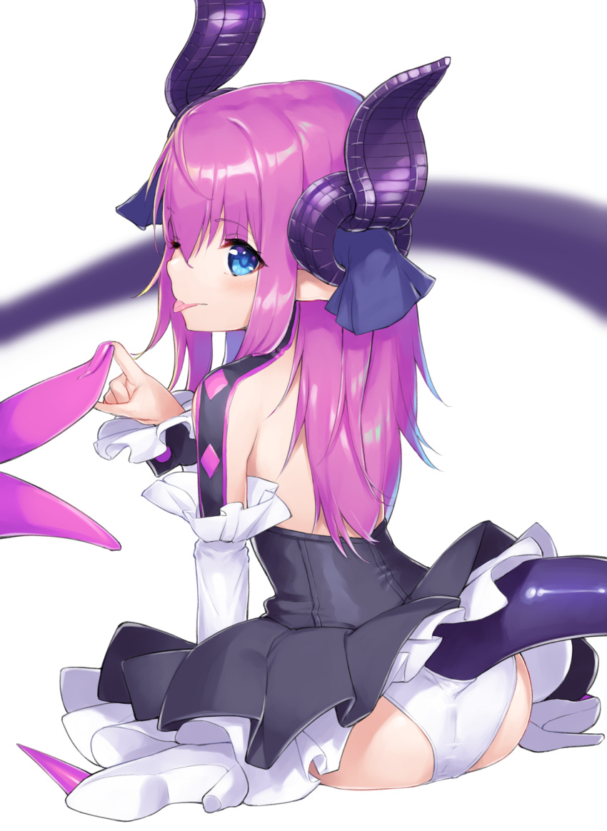 1girl ;p accidental_exposure ass back bare_back black_dress blue_eyes blurry blurry_background blush closed_mouth curled_horns dabuki depth_of_field detached_sleeves dragon_horns dragon_tail dress dress_lift elizabeth_bathory_(fate) elizabeth_bathory_(fate)_(all) fate_(series) frilled_sleeves frills from_behind high_heels highres horns layered_dress leaning_forward long_hair long_sleeves long_tail looking_back one_eye_closed panties pantyshot pantyshot_(sitting) pink_hair pointy_ears sitting smile solo straight_hair tail tail_raised tongue tongue_out underwear wariza white_footwear white_panties wrist_cuffs