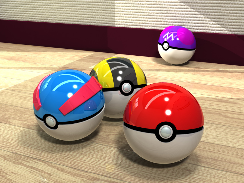 3d :d commentary_request ditto gen_1_pokemon great_ball kaidori master_ball no_humans open_mouth photorealistic poke_ball poke_ball_(generic) pokemon realistic reflection single_letter smile still_life ultra_ball wooden_floor