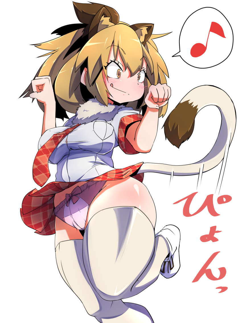 1girl :q animal_ears bare_arms blonde_hair blush bow bow_panties breast_pocket breasts cowboy_shot curvy eighth_note extra_ears eyebrows_visible_through_hair fur_collar hair_between_eyes hands_up highres kemono_friends large_breasts licking_lips lion_(kemono_friends) lion_ears lion_tail looking_afar medium_hair motion_lines moyachii musical_note necktie orange_eyes panties paw_pose pink_panties plaid plaid_neckwear plaid_skirt plaid_sleeves pocket shirt short_sleeves simple_background skirt smile solo spoken_musical_note standing standing_on_one_leg tail thick_thighs thigh-highs tongue tongue_out underwear white_background white_shirt wide_hips