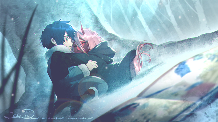 1boy 1girl artist_name black_hair black_robe book child closed_eyes coat darling_in_the_franxx dutch_angle forest fur-trimmed_coat fur_trim green_eyes hair_between_eyes hiro_(darling_in_the_franxx) horns hug j_315_(jean) long_hair long_sleeves nature open_book outdoors pink_hair red_skin robe short_hair signature sitting sleeves_past_fingers sleeves_past_wrists snow spoilers tree watermark web_address winter winter_clothes winter_coat younger zero_two_(darling_in_the_franxx)