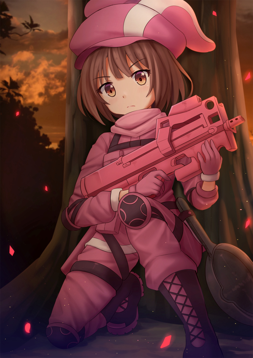 1girl animal_ears animal_hat bangs black_footwear blush boots brown_eyes brown_hair bullpup bunny_hat closed_mouth clouds cloudy_sky commentary cross-laced_footwear eyebrows_visible_through_hair frying_pan gloves gun hat highres holding holding_gun holding_weapon jacket kazenokaze lace-up_boots llenn_(sao) one_knee outdoors p90 pants pink_gloves pink_hat pink_jacket pink_pants rabbit_ears sky solo submachine_gun sword_art_online sword_art_online_alternative:_gun_gale_online tree v-shaped_eyebrows weapon