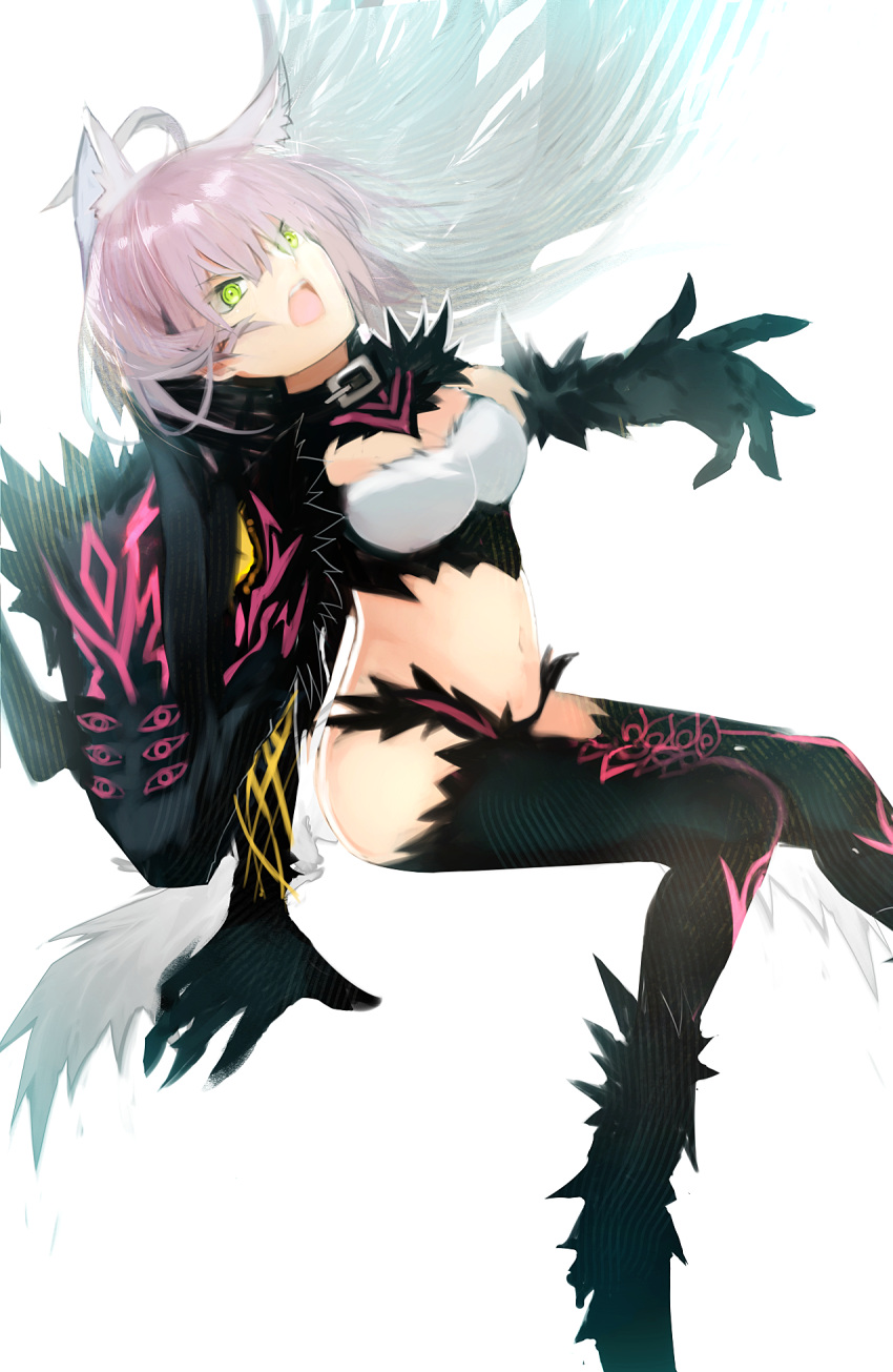 1girl ahoge animal_ears atalanta_(alter)_(fate) atalanta_(fate) bangs belt_collar black_legwear breasts cat_ears cat_tail claws cleavage commentary_request fate/grand_order fate_(series) floating_hair fur_trim green_eyes hair_between_eyes highres long_hair looking_at_viewer medium_breasts navel open_mouth silver_hair simple_background tail tarbo_(exxxpiation)