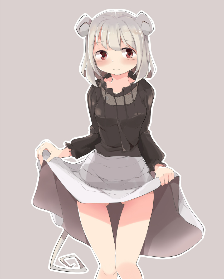 1girl absurdres animal_ears black_shirt blush closed_mouth commentary gluteal_fold grey_hair highres long_skirt long_sleeves mouse_ears mouse_tail mukuroi nazrin red_eyes see-through shirt short_hair skirt skirt_lift solo tail thigh_gap thighs touhou white_skirt