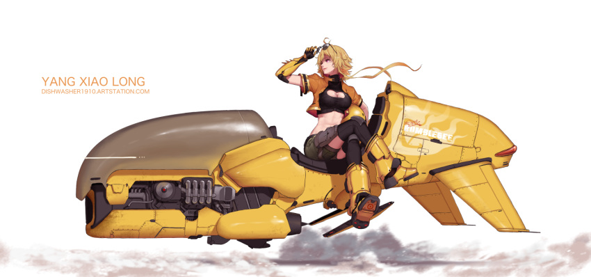 1girl ahoge arm_up armored_boots artist_name black-framed_eyewear black_legwear blonde_hair boots breasts cleavage cleavage_cutout closed_mouth crop_top cropped_jacket dishwasher1910 eyewear_on_head full_body green_shorts headwear_removed helmet helmet_removed jacket knee_boots large_breasts legs_crossed long_hair looking_away looking_to_the_side mechanical_arm navel older orange_jacket pink_eyes rwby short_sleeves shorts simple_background sitting smile solo stomach sunglasses thigh-highs toned unbuttoned watermark web_address white_background yang_xiao_long yellow_footwear