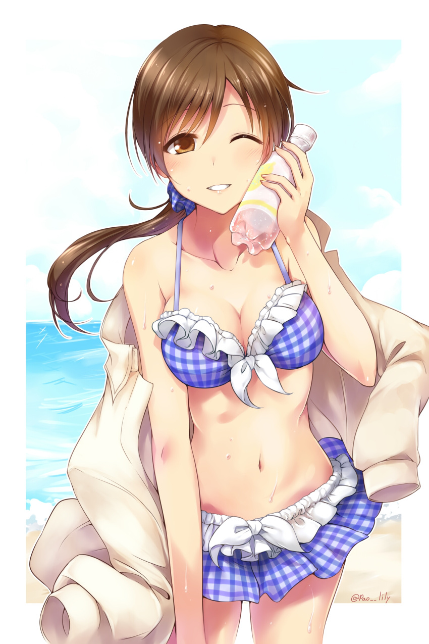 1girl absurdres bare_shoulders bikini blush bottle bottle_to_cheek breasts brown_eyes brown_hair checkered checkered_bikini cleavage collarbone cowboy_shot frilled_bikini frills front-tie_bikini front-tie_top hair_ornament hair_scrunchie highres holding holding_bottle idolmaster idolmaster_cinderella_girls jacket jacket_removed long_hair long_sleeves low_ponytail medium_breasts miniskirt navel nitta_minami ocean one_eye_closed paopao parted_lips plaid plaid_bikini ponytail scrunchie skirt smile solo standing stomach sweat swimsuit tareme twitter_username water water_bottle