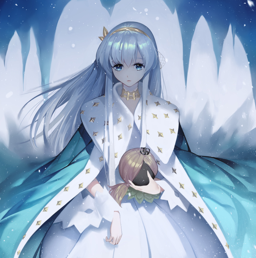 1girl absurdres anastasia_(fate/grand_order) bangs blue_eyes cape charles_(106858) clouds cloudy_sky crown doll dress fate/grand_order fate_(series) hair_between_eyes hairband highres holding holding_doll ice jewelry long_hair looking_at_viewer mini_crown royal_robe silver_hair sky snow snowing solo standing very_long_hair white_hair