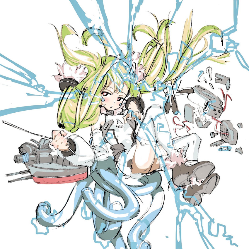 1girl ankle_boots azur_lane bangs bare_shoulders black_footwear blonde_hair blush boots breasts bright_pupils cable clenched_hand clothes_writing detached_sleeves dress eldridge_(azur_lane) electricity eyebrows facial_mark fetal_position fingerless_gloves floating_hair gloves hair_ornament highres holding jitome long_hair long_sleeves looking_away looking_to_the_side machinery open_mouth orange_eyes saitama_(antitankromeo) short_dress single_glove sleeveless sleeveless_dress small_breasts solo static thigh-highs turret twintails white_dress white_gloves white_legwear white_pupils wire