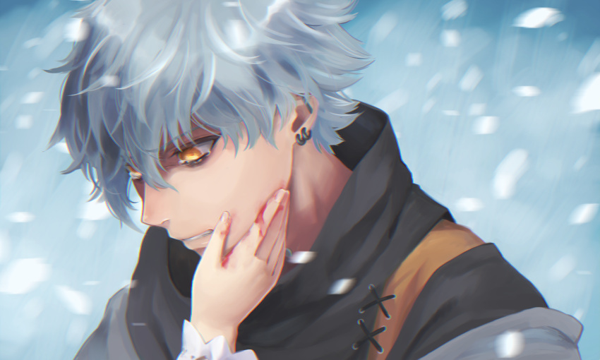 1boy blood blood_on_face ear_piercing fate/grand_order fate_(series) hand_on_another's_cheek hand_on_another's_face highres kadoc_zemlupus male_focus neck_piercing piercing shakuyouka silver_hair snow solo_focus tears upper_body yellow_eyes