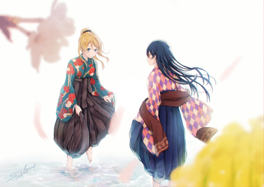 2girls ayase_eli bangs barefoot blonde_hair blue_eyes blue_hair blush commentary_request floral_print full_body hair_between_eyes highres japanese_clothes long_hair looking_at_another love_live! love_live!_school_idol_project multiple_girls ponytail skirt_hold smile sonoda_umi standing standing_on_liquid suito water yellow_eyes