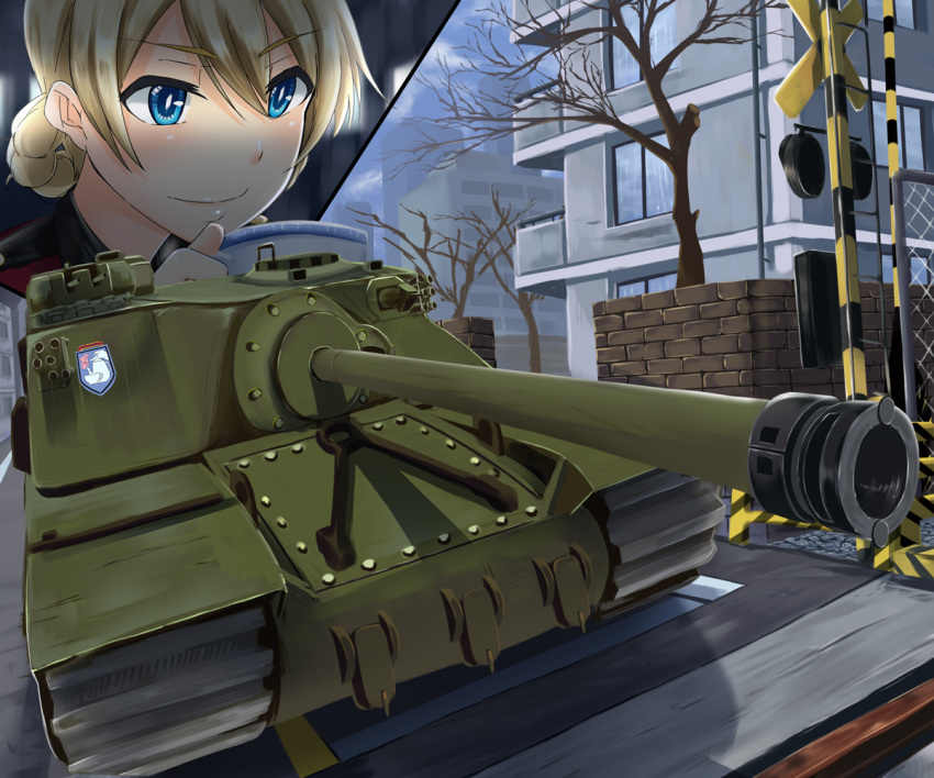 1girl angleich blonde_hair blue_eyes building clouds cup darjeeling emblem girls_und_panzer ground_vehicle military military_vehicle motor_vehicle railroad_crossing sky st._gloriana's_(emblem) st._gloriana's_military_uniform tank teacup tortoise_(tank)