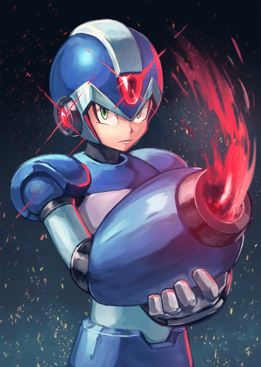 1boy android arm_cannon capcom commentary_request gloves gradient gradient_background green_eyes helmet highres kuroi_susumu looking_at_viewer male_focus rockman rockman_x serious solo weapon white_gloves x_(rockman)