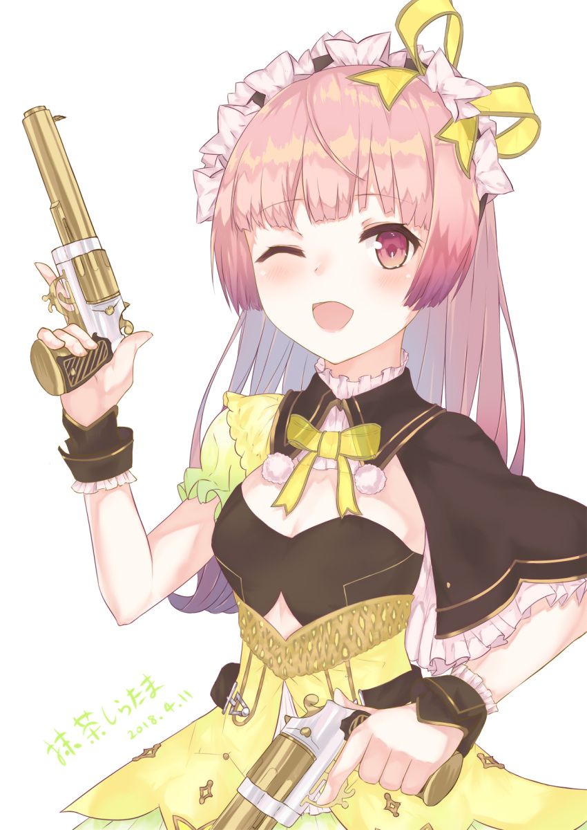 !! 1girl atelier_(series) atelier_lydie_&amp;_suelle blush bow bowtie breasts cleavage dated gun hairband highres long_hair one_eye_closed open_mouth pink_hair solo suelle_marlen weapon white_background