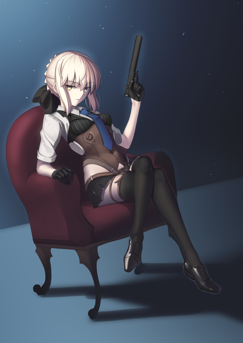 1girl absurdres ahoge alternate_costume artoria_pendragon_(all) bangs belt black_footwear black_gloves black_legwear black_ribbon black_skirt black_vest blonde_hair boa_(brianoa) braid braided_bun breasts buckle chair corset cosplay dress_shoes eyebrows_visible_through_hair eyes_visible_through_hair fate/stay_night fate_(series) girls_frontline gloves glowing gun hair_between_eyes hair_ribbon half_gloves highres holding holding_gun holding_weapon holster legs_crossed light_particles looking_at_viewer medium_breasts miniskirt on_chair parted_lips pleated_skirt ribbon saber saber_alter shirt short_hair short_sleeves sidelocks sitting skirt sleeves_folded_up solo striped_vest thigh_holster tsurime type-moon vest weapon welrod_mk2_(girls_frontline) welrod_mk2_(girls_frontline)_(cosplay) yellow_eyes