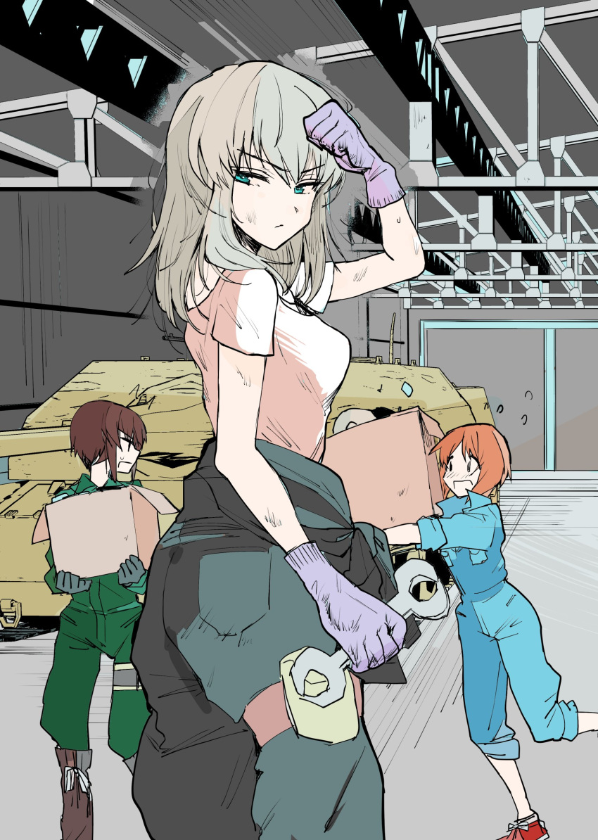 3girls absurdres angry bangs black_gloves black_jumpsuit box cardboard_box carrying closed_mouth clothes_around_waist dirty emilio_(tetsukazu_no_ao) eyebrows_visible_through_hair flying_sweatdrops from_side frown girls_und_panzer gloves green_jumpsuit ground_vehicle half-closed_eyes highres holding holding_wrench indoors itsumi_erika jumpsuit leaning_forward long_hair long_sleeves looking_at_another looking_at_viewer looking_back mechanic military military_vehicle motor_vehicle multiple_girls nishizumi_maho nishizumi_miho pants pants_rolled_up pink_shirt purple_gloves red_footwear shirt shirt_around_waist short_hair short_sleeves sleeves_rolled_up standing standing_on_one_leg sweat sweatdrop tank tripping v-shaped_eyebrows vehicle_request wiping_forehead wrench