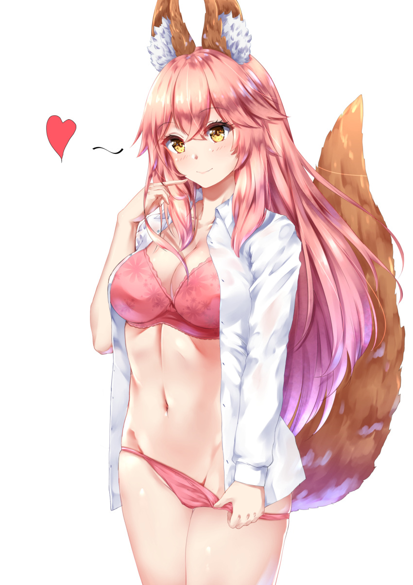 1girl animal_ears bangs blush bra breasts brown_eyes chahei cleavage closed_mouth collarbone collared_shirt commentary_request cowboy_shot dress_shirt eyebrows_visible_through_hair fate/extra fate_(series) fingernails fox_ears fox_girl fox_tail groin hair_between_eyes hand_up heart highres large_breasts long_hair long_sleeves navel open_clothes open_shirt panties panty_pull pink_bra pink_hair pink_panties pulled_by_self shirt sidelocks simple_background smile solo tail tail_raised tamamo_(fate)_(all) tamamo_no_mae_(fate) underwear very_long_hair white_background white_shirt