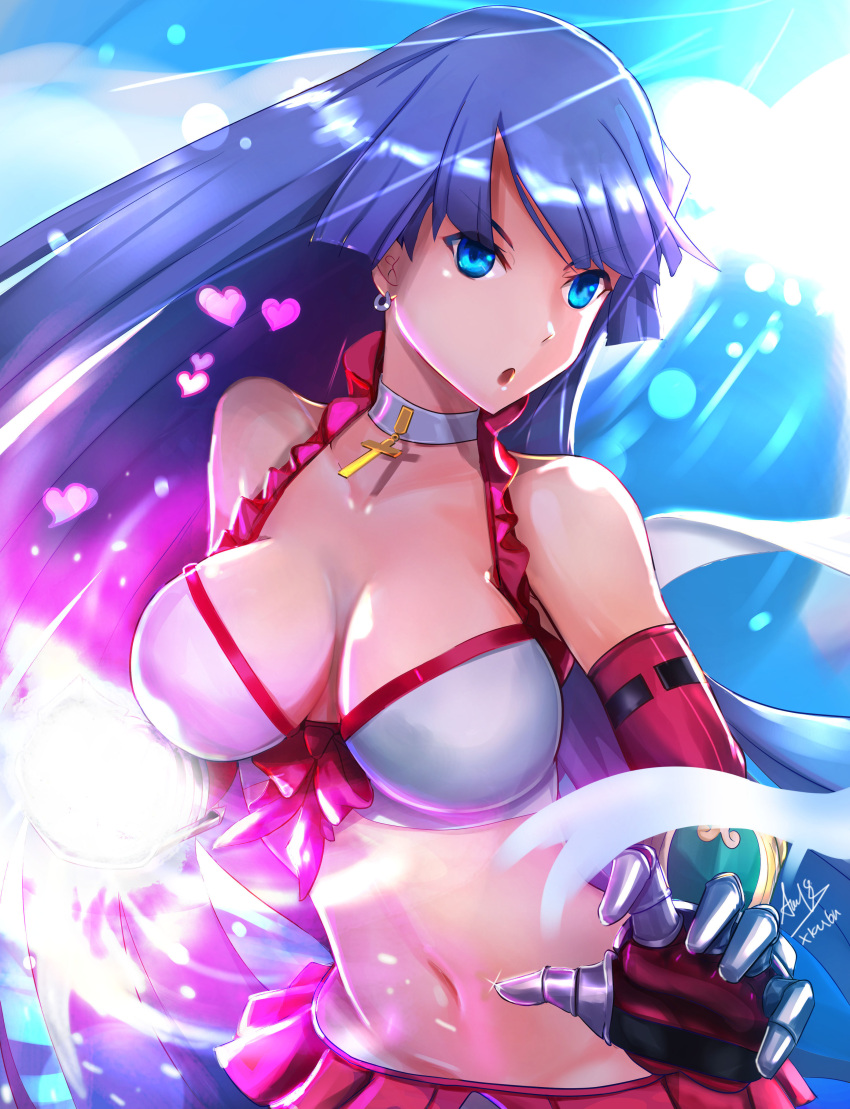 1girl absurdres bangs bikini bikini_skirt blue_eyes blunt_bangs breasts choker cleavage cross cross_necklace detached_sleeves earrings elbow_gloves fate/grand_order fate_(series) frilled_bikini frills gauntlets gloves glowing_fist heart highres hime_cut jewelry large_breasts light metal_gloves navel necklace outdoors purple_hair saint_martha saint_martha_(swimsuit_ruler)_(fate) solo straight_hair swimsuit x-kulon