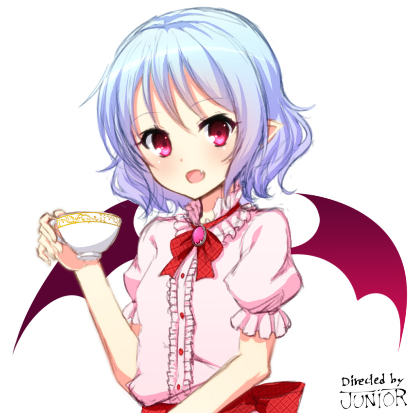 1girl bat_wings blue_hair bracelet cup dress fang jewelry junior27016 looking_at_viewer open_mouth pointy_ears red_eyes remilia_scarlet short_hair simple_background teacup touhou white_background white_dress wings