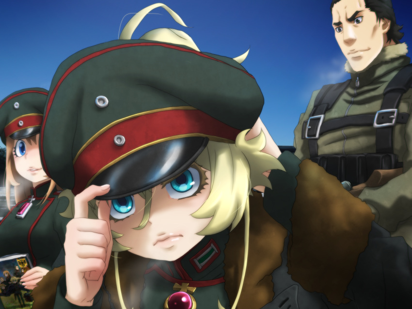 1boy 2girls adjusting_clothes adjusting_hat black_eyes black_hair blonde_hair blue_eyes blue_sky bolt_action brooch coat day fur_trim genya_(genya67) hair_between_eyes hand_on_headwear hat highres iron_cross jewelry leaning_forward light_brown_hair long_hair looking_at_viewer looking_down looking_to_the_side manga_(object) military military_hat military_uniform multiple_girls outdoors parted_lips short_hair sky tanya_degurechaff uniform viktoriya_ivanovna_serebryakov weapon youjo_senki