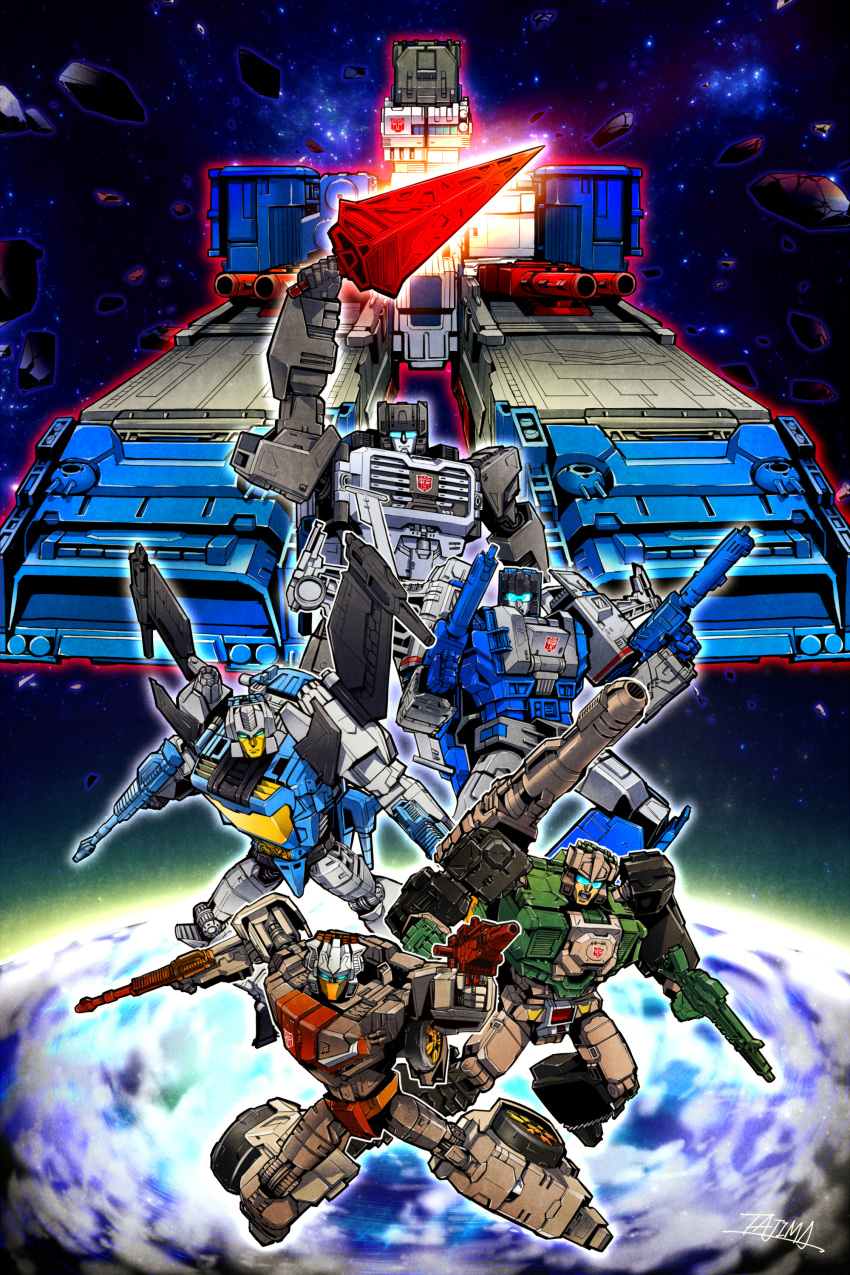 5boys 80s absurdres autobot blue_eyes brainstorm cannon chromedome commentary_request fighting_stance fortress_maximus glowing glowing_eyes gun hardhead highbrow_(transformers) highres holding holding_gun holding_weapon insignia looking_at_viewer multiple_boys no_humans oldschool open_mouth outdoors space_craft standing sword tajima_0109 transformers transformers:_the_headmasters weapon wheel