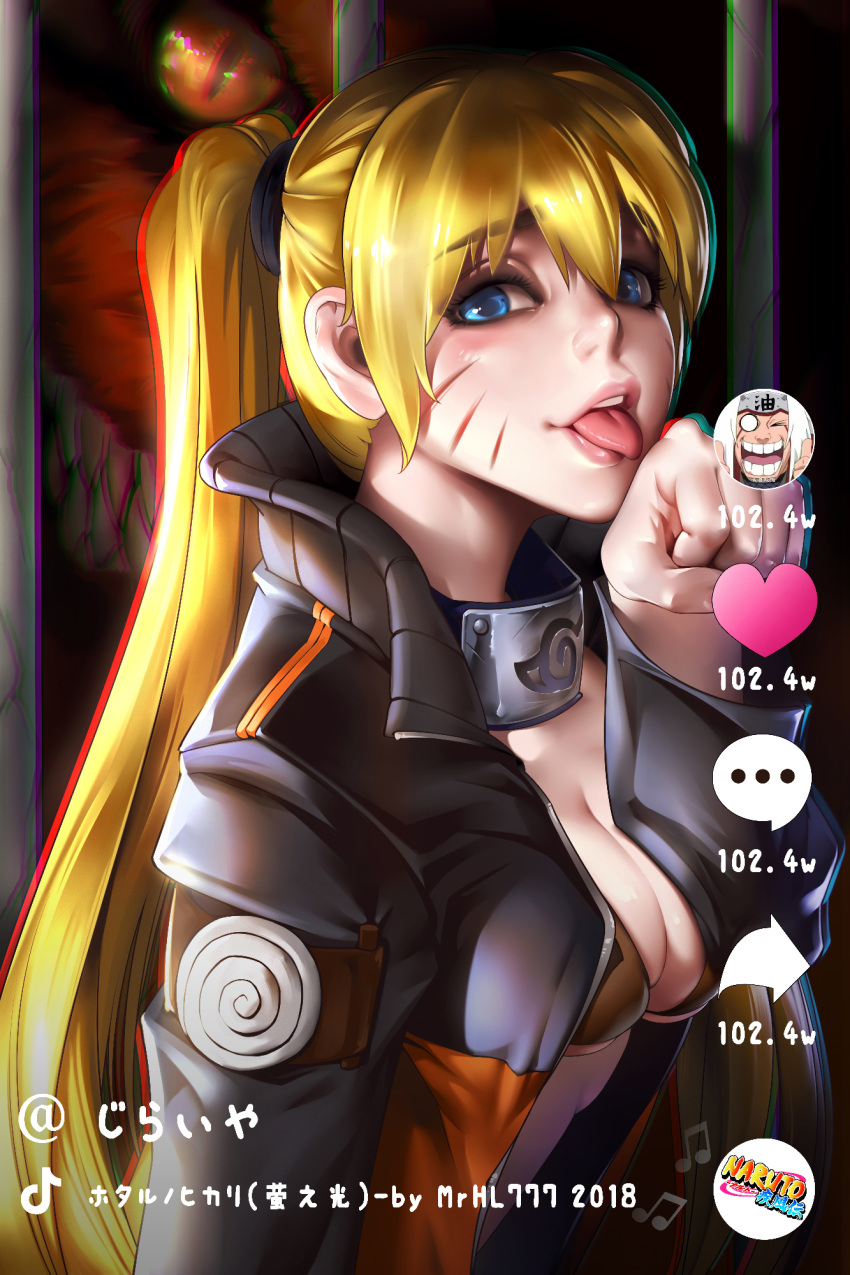 1girl :p blonde_hair blue_eyes breasts cleavage commentary_request eyelashes genderswap genderswap_(mtf) high_collar highres kyuubi_(naruto) lips long_hair looking_at_viewer medium_breasts mr_h.l. naruko naruto nose paw_pose scrunchie sexy_no_jutsu solo_focus tongue tongue_out twintails uzumaki_naruto when_you_see_it whisker_markings