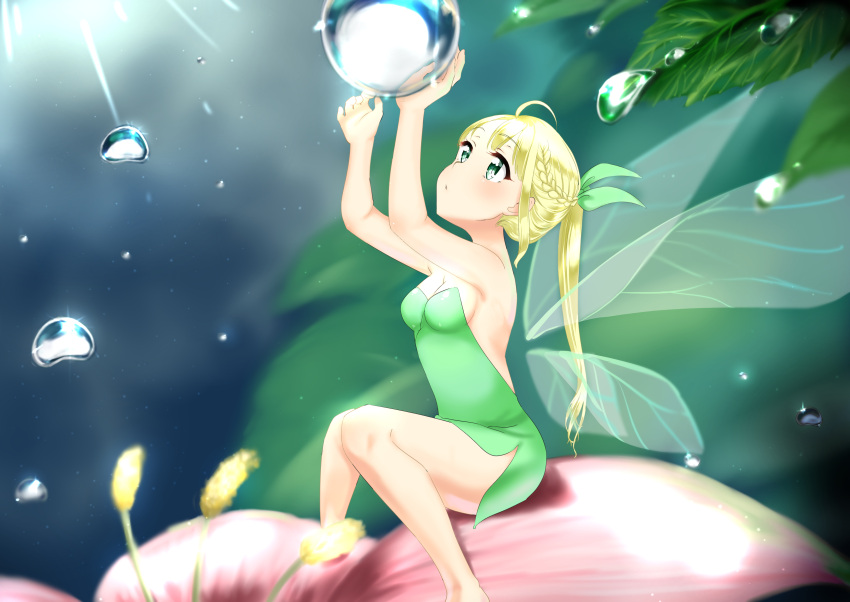 1girl absurdres ahoge arms_up backless_outfit bangs bare_arms bare_shoulders blonde_hair blurry blurry_background blush braid breasts cleavage commentary_request depth_of_field detached_wings dress eyebrows_visible_through_hair fairy fairy_wings flower green_dress green_eyes green_ribbon hair_ribbon highres long_hair looking_away looking_up luna_(mi-chanman) medium_breasts open-back_dress original parted_lips pink_flower ponytail ribbon sitting solo strapless strapless_dress very_long_hair water_drop wings