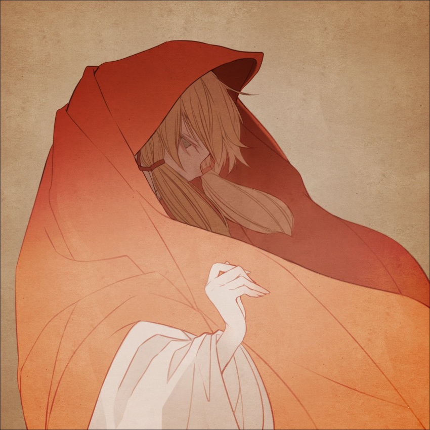 1girl blonde_hair brown_background cloak grey_eyes highres looking_at_viewer moi2m3 moriya_suwako profile red_cloak solo touhou wide_sleeves