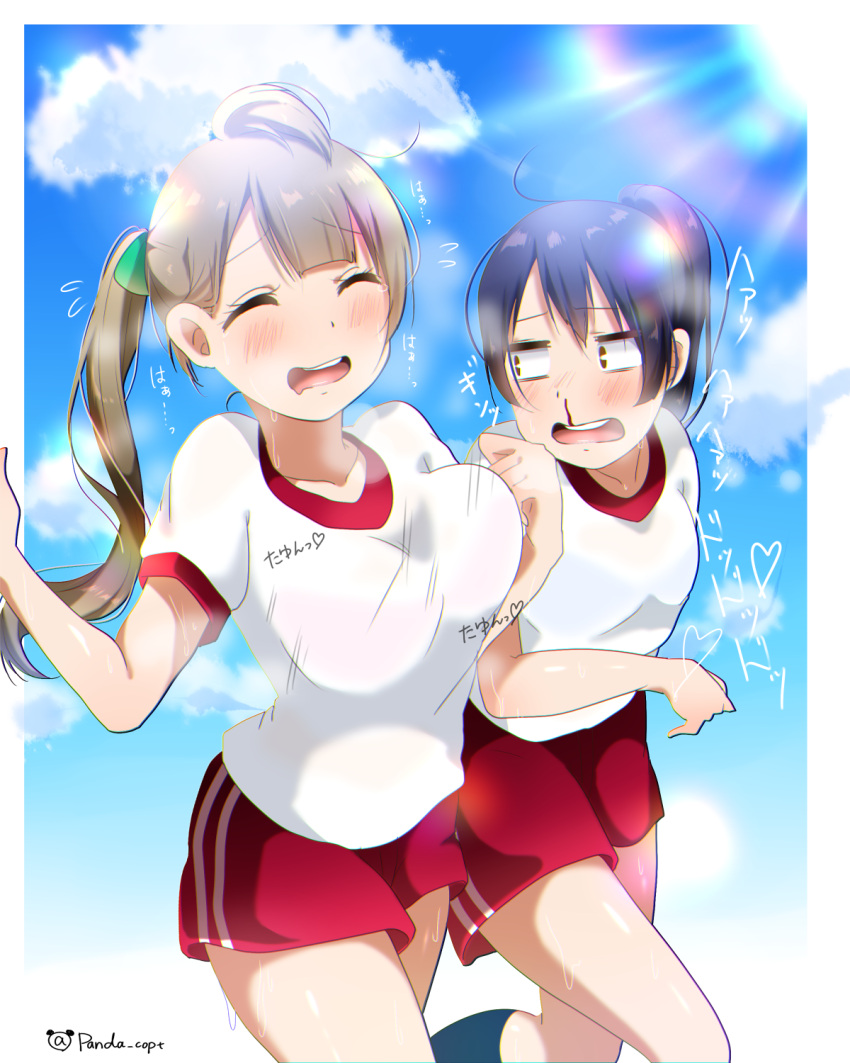 2girls alternate_hairstyle bangs blood blue_hair blush bouncing_breasts breasts closed_eyes commentary_request female_pervert grey_hair gym_uniform highres large_breasts long_hair looking_at_another love_live! love_live!_school_idol_project minami_kotori multiple_girls nosebleed open_mouth outdoors panda_copt pervert ponytail running shirt shorts small_breasts sonoda_umi white_shirt yellow_eyes