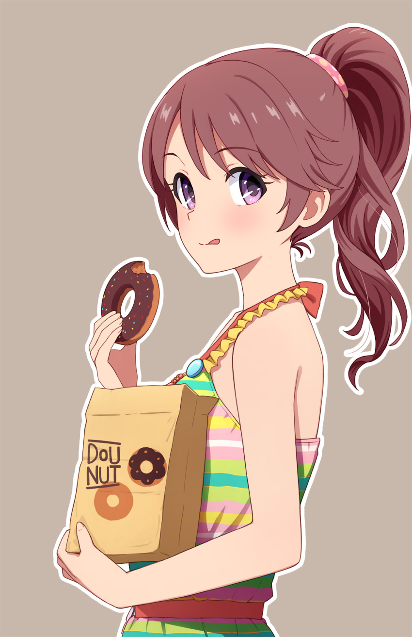 1girl bag doughnut dress food highres idolmaster idolmaster_cinderella_girls paper_bag ponytail shiina_noriko sleeveless sleeveless_dress solo tagme yahiro_(epicopeiidae)