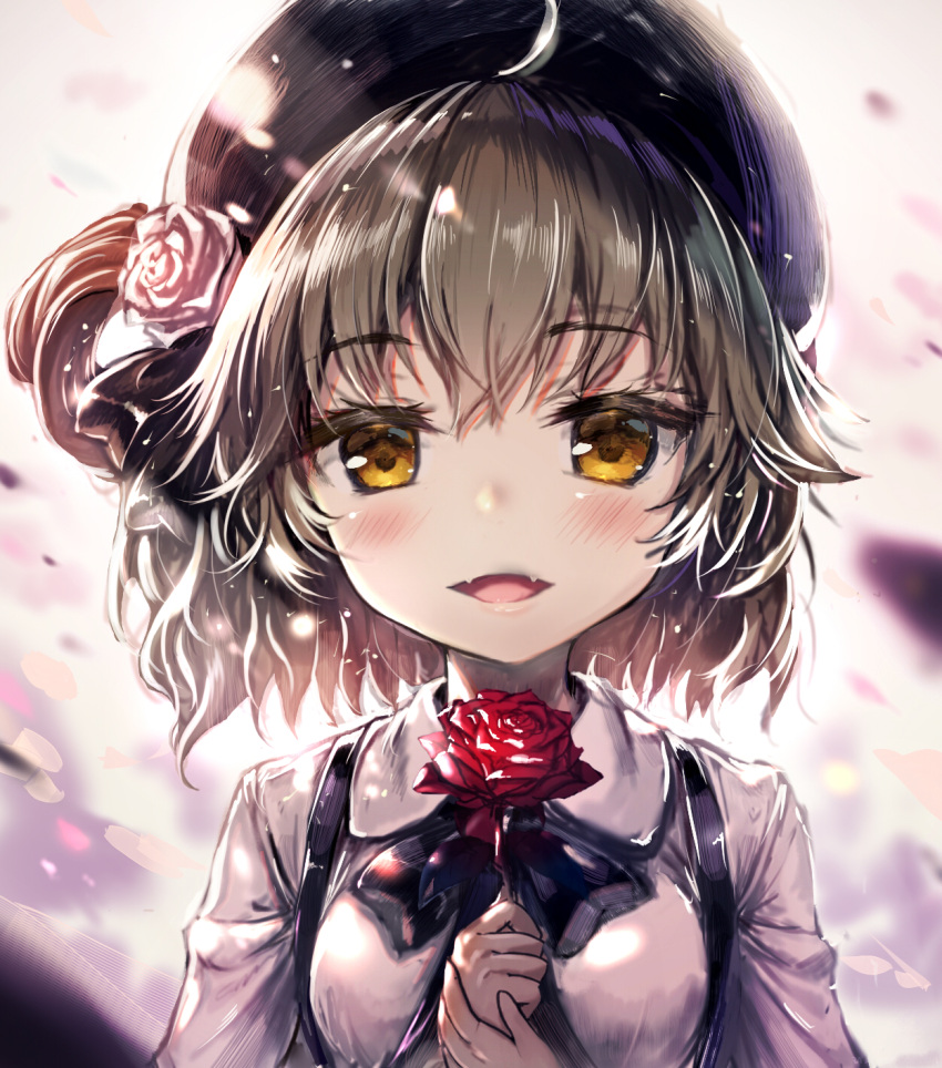 1girl :d ahoge akabane_(zebrasmise) bangs beret black_bow black_hat black_ribbon blush bow breasts brown_eyes brown_hair collared_shirt eyebrows_visible_through_hair fangs flower hair_between_eyes hair_flower hair_ornament hair_rings hands_up hat hatoba_tsugu hatoba_tsugu_(character) highres holding holding_flower looking_at_viewer medium_breasts open_mouth own_hands_together red_flower red_rose ribbon rose shirt smile solo suspenders virtual_youtuber white_flower white_rose white_shirt