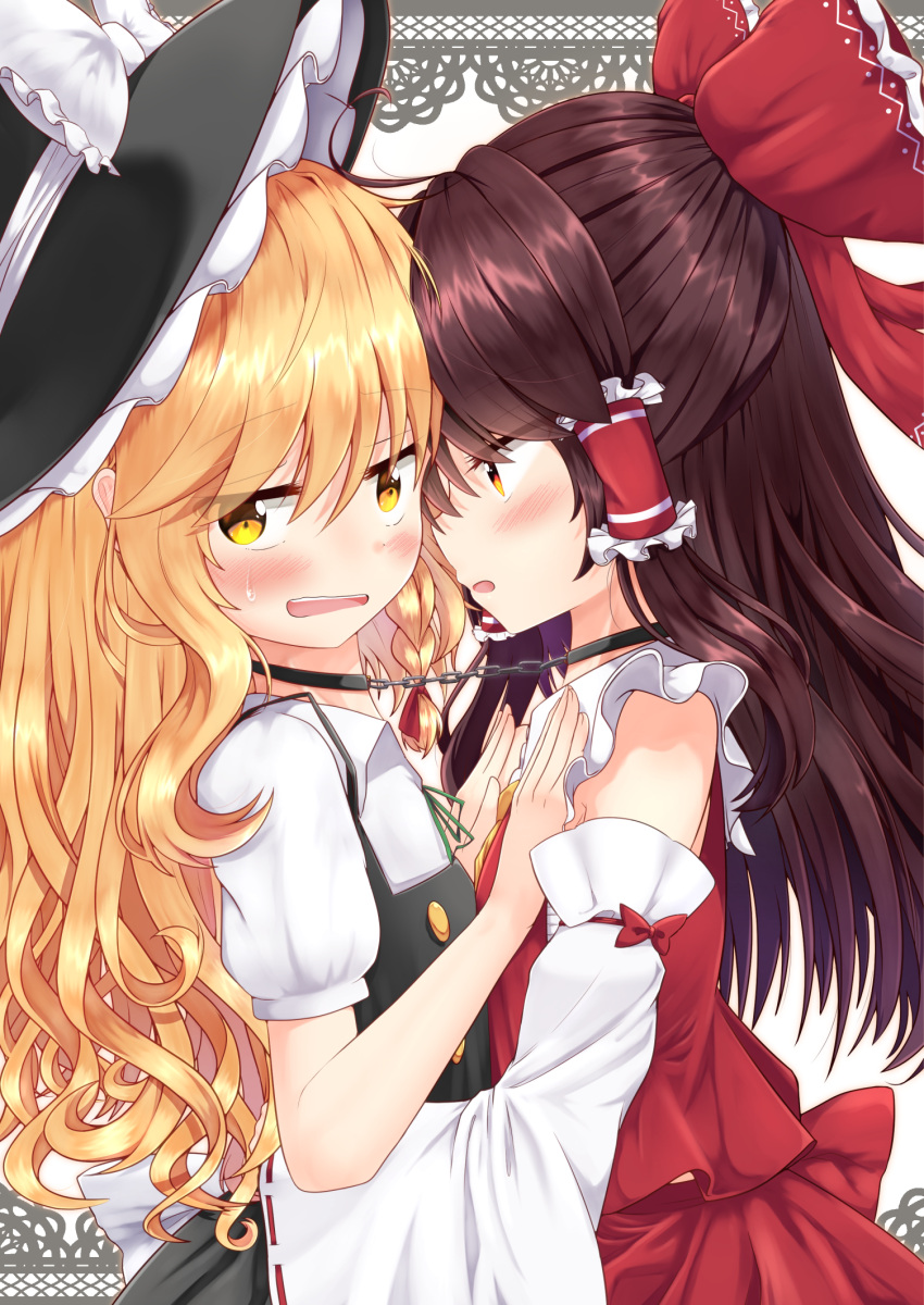 &gt;:o 2girls annoyed bare_shoulders bdsm blonde_hair blouse blush bound_together bow brown_hair chained chains choker collar d: detached_sleeves ear_blush forehead-to-forehead hair_bow hair_ribbon hair_tubes hakurei_reimu hat hat_bow highres hug imminent_kiss kirisame_marisa large_bow long_hair looking_away multiple_girls open_mouth puffy_short_sleeves puffy_sleeves pushing rankasei red_eyes ribbon sarashi short_sleeves skirt skirt_set sweat touhou v-shaped_eyebrows wavy_hair wavy_mouth witch_hat yellow_eyes yuri