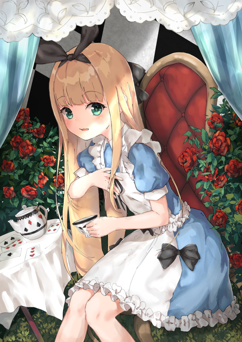 1girl absurdres apron bangs black_bow black_ribbon blonde_hair blush bow card chair checkered_wall commentary cup curtains dress epi_zero eyebrows_visible_through_hair flower green_eyes hair_bow highres long_hair looking_at_viewer mononobe_alice nijisanji open_mouth playing_card puffy_short_sleeves puffy_sleeves ribbon rose short_sleeves smile solo table tablecloth tea teacup teapot very_long_hair virtual_youtuber white_apron
