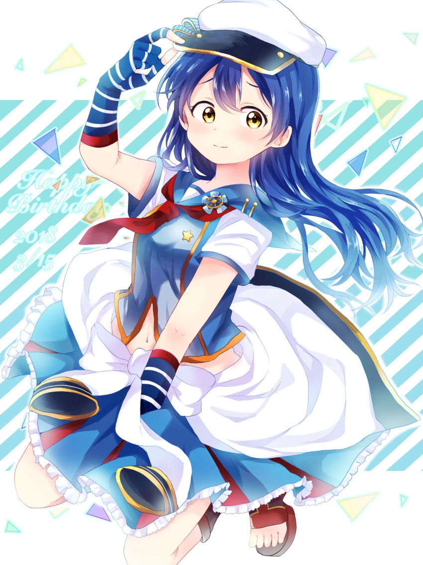 1girl bangs blue_gloves blue_hair clothes_around_waist commentary_request dress fingerless_gloves floating gloves hair_between_eyes hand_on_headwear hat highres holding jacket_around_waist long_hair looking_at_viewer love_live! love_live!_school_idol_festival love_live!_school_idol_project navel pleated_skirt sailor_dress short_sleeves skirt smile solo sonoda_umi striped striped_background striped_gloves yellow_eyes