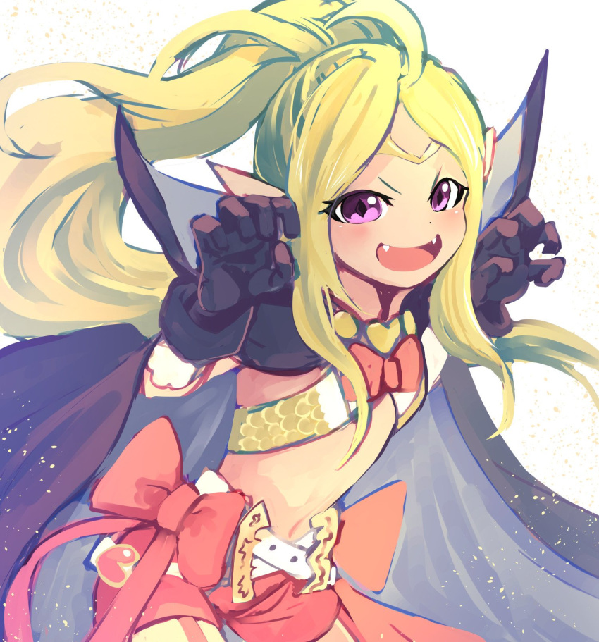 1girl ahoge blush cape circlet fire_emblem fire_emblem:_kakusei fire_emblem_heroes gloves green_hair highres long_hair looking_at_viewer mamkute nakabayashi_zun navel nowi_(fire_emblem) open_mouth pointy_ears ponytail simple_background smile solo violet_eyes