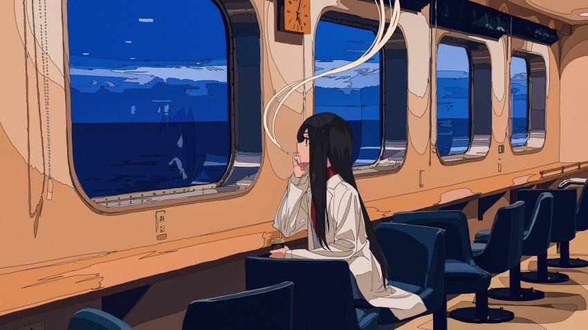 1girl arm_rest arm_support black_eyes black_hair chair chin_rest cigarette clock clouds coat commentary_request cup disposable_cup highres holding holding_cup indoors kogecha_(coge_ch) long_hair long_sleeves looking_away looking_out_window ocean open_clothes open_coat original profile red_scarf scarf smoke smoking solo very_long_hair white_coat window
