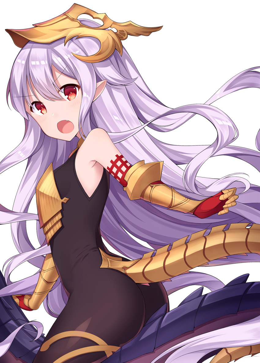 &gt;:o 1girl amemiya_ruki ass bangs bare_shoulders black_bodysuit blush bodysuit breastplate breasts elbow_gloves fang gloves granblue_fantasy hair_between_eyes headpiece highres lavender_hair long_hair looking_at_viewer medusa_(shingeki_no_bahamut) open_mouth pointy_ears red_eyes red_gloves shadowverse shingeki_no_bahamut simple_background sleeveless small_breasts snake solo tail very_long_hair white_background wrist_guards