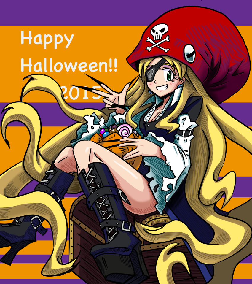 1girl 2015 bare_legs belt_boots black_nails blonde_hair blue_earrings blush bonnet boots breasts candy capcom cleavage dated earrings eyepatch fingernails food green_eyes halloween halloween_costume hand_gesture happy_halloween hat high_heels highres jewelry kalinka_cossack long_fingernails long_hair medium_breasts nail_polish pirate_costume rockman rockman_(classic) rockman_xover saikoraru sharp_fingernails sitting sitting_on_chest skull skull_and_crossbones smile solo teeth torn_clothes torn_sleeves treasure_chest
