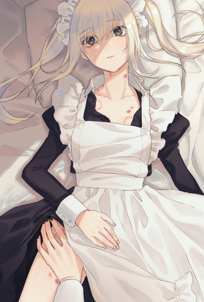 1girl apron bangs bed bite_mark blonde_hair brown_eyes closed_mouth collarbone commentary eyebrows_visible_through_hair frills hair_between_eyes hand_on_another's_thigh hickey highres long_hair looking_at_viewer lying maid maid_apron maid_headdress on_back on_bed solo twintails usuke_(u_skeeep)