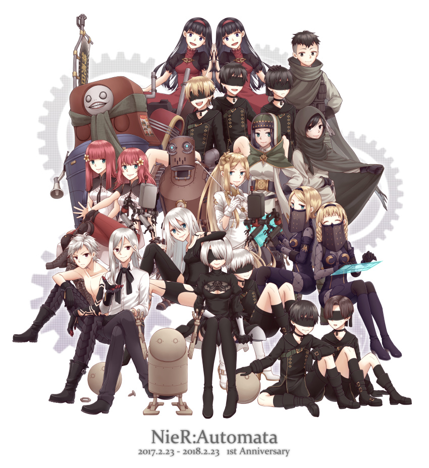 6+boys 6+girls :d ^_^ absurdres adam_(nier_automata) anemone_(nier_automata) anniversary black_blindfold black_eyes black_gloves black_hair black_hairband black_jacket black_legwear black_pants black_shorts blonde_hair blue_eyes boots braid breasts brown_hair character_request cleavage cleavage_cutout cloak closed_eyes commentary commentary_request copyright_name devola double-breasted dress elbow_gloves emil_(nier) eve_(nier_automata) everyone flower frown full_body gears gloves green_eyes grey_eyes hair_between_eyes hair_flower hair_ornament hairband hand_on_another's_head hands_together highres hood hood_up hooded_cloak jacket jewelry knees_up legs_crossed long_hair looking_at_viewer medium_breasts multiple_boys multiple_girls n2_(nier_automata) necklace nier_(series) nier_automata open_mouth operator_21o operator_6o pants pascal_(nier_automata) pod_(nier_automata) ponytail popola puffy_short_sleeves puffy_sleeves red_dress red_eyes red_hairband red_pants redhead robot shirt shirtless short_hair short_sleeves shorts siblings silver_hair sitting small_breasts smile tamakingx422x thigh-highs thigh_boots torn_clothes torn_thighhighs twins veil very_long_hair violet_eyes white_gloves white_shirt yorha_infantry_squad_commander yorha_no._2_type_b yorha_no._9_type_s yorha_type_a_no._2