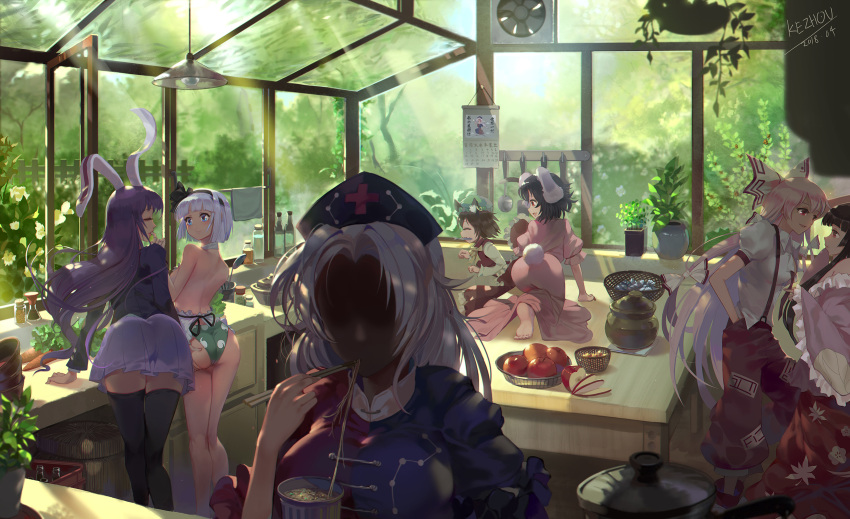 6+girls all_fours animal_ears apple apron artist_name ass ass_grab back bare_legs barefoot basket black_hair black_hairband black_legwear black_ribbon blue_eyes bottle bow breasts brown_hair bunny_tail calendar_(object) carrot chen chinese_commentary chopsticks collared_shirt cork dated dress eating faceless faceless_female fan fence finger_to_another's_mouth fish flower food fruit fujiwara_no_mokou glass green_hat hair_bow hair_ribbon hairband hands_in_pockets hat highres hime_cut houraisan_kaguya inaba_tewi indoors japanese_clothes jewelry kezhou kimono konpaku_youmu ladle lamp large_breasts leaf_print leaning_forward lipstick long_hair makeup miniskirt mouth_hold multiple_girls nearly_naked_apron noodles nurse_cap ofuda pants pink_dress plant pot potted_plant puffy_short_sleeves puffy_sleeves purple_hair purple_skirt rabbit_ears red_eyes red_lips red_pants reisen_udongein_inaba ribbon shirt short_hair short_sleeves signature silver_hair single_earring skirt smile soy_sauce spatula standing suspenders table tail thigh-highs touhou vase very_long_hair white_bow white_shirt window wing_collar yagokoro_eirin yuri zettai_ryouiki