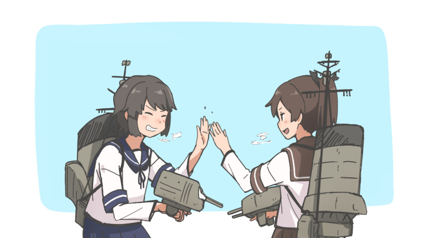 &gt;:d 2girls aqua_background black_hair breath brown_hair cannon closed_eyes from_behind grin kantai_collection long_hair long_sleeves miyuki_(kantai_collection) multiple_girls neck_ribbon ponytail ribbon rigging sailor_collar school_uniform serafuku shikinami_(kantai_collection) short_hair smile two-tone_background upper_body wachi_(hati1186) white_background