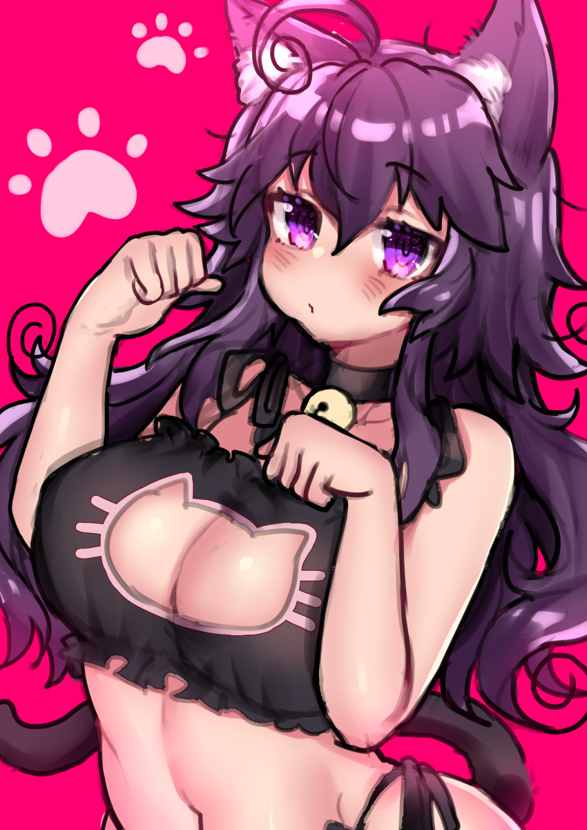 1girl absurdres ahoge animal_ears bell bell_choker black_choker blush breasts cat_ears cat_lingerie cat_tail choker closed_mouth eyebrows_visible_through_hair hands_up highres jingle_bell large_breasts long_hair looking_at_viewer meme_attire navel original osiimi paw_pose paw_print purple_hair red_background solo tail upper_body