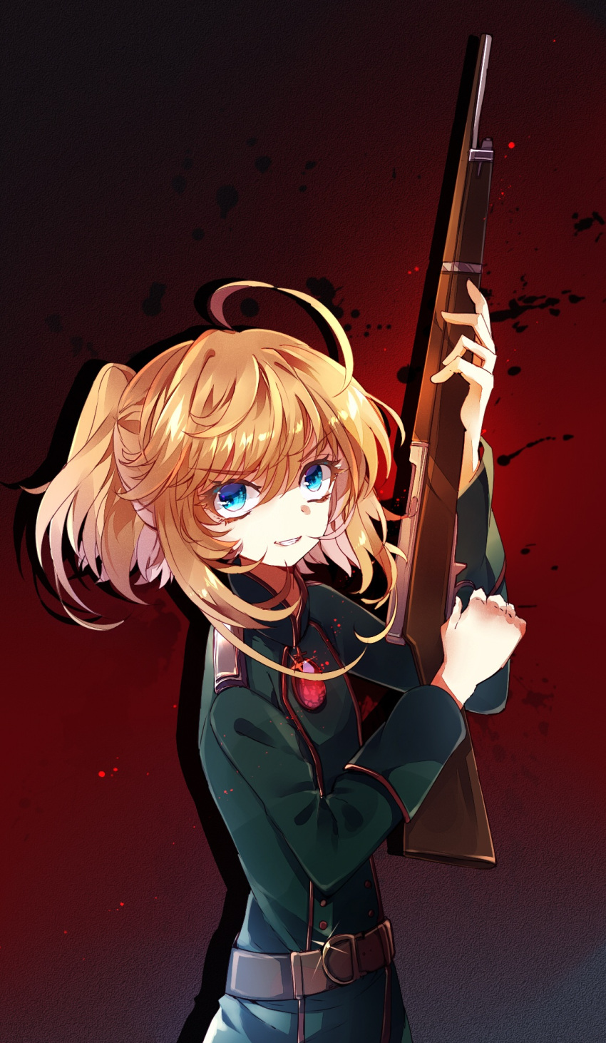 1girl ahoge baocaizi belt blonde_hair blood blood_splatter blue_eyes eyebrows_visible_through_hair gun hair_between_eyes highres holding holding_gun holding_weapon long_hair looking_at_viewer military military_uniform ponytail rifle solo sparkle tanya_degurechaff uniform weapon youjo_senki