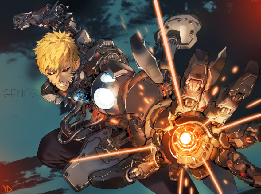 1boy black_pants black_sclera blonde_hair character_name clenched_hand clenched_teeth cyborg genos hair_between_eyes looking_at_viewer male_focus motion_blur one-punch_man pants parts_exposed signature solo teeth weapon yang-do yellow_eyes