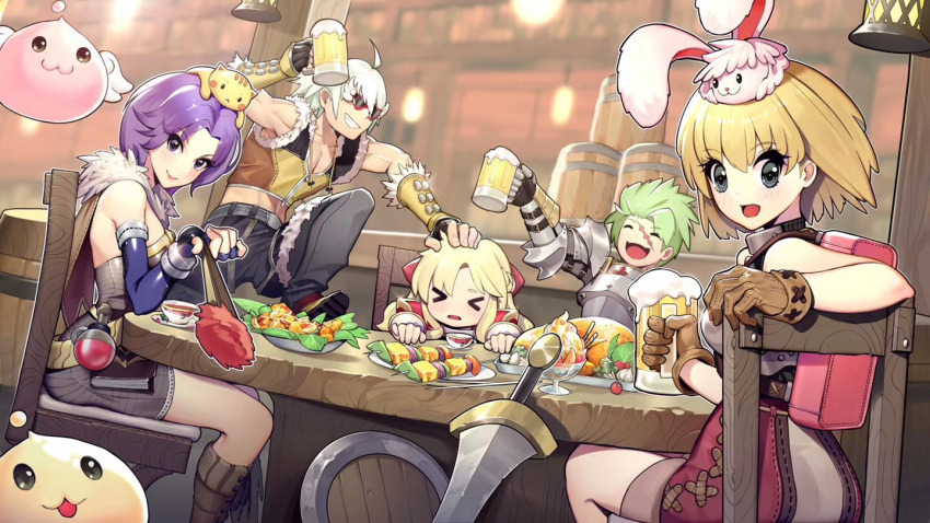 &gt;_&lt; 2boys 3girls :d alcohol animal animal_on_head arm_support arm_up backpack bag bangs barrel beer beer_mug black_gloves black_pants blonde_hair blurry blurry_background blush boots bow braid breastplate brown_footwear cat cat_on_head chair closed_eyes closed_fan closed_mouth commentary_request creature cross-laced_footwear depth_of_field dutch_angle eyebrows_visible_through_hair facial_scar facing_viewer fan fingerless_gloves fingernails folding_fan food gauntlets gloves green_hair grey_eyes grin hair_between_eyes hair_bow hand_on_another's_head holding holding_fan holding_mug knee_boots lace-up_boots long_hair looking_at_viewer looking_to_the_side multiple_boys multiple_girls nose_blush on_chair on_head oop open_mouth pants parted_lips pink_shorts purple_hair ragnarok_online red-framed_eyewear red_bow scar shield shirt short_hair short_shorts shorts silver_hair sitting skewer sleeveless sleeveless_shirt smile sunglasses sword table tareme tavern tsurime turkey_(food) weapon white_wings wings wooden_shield