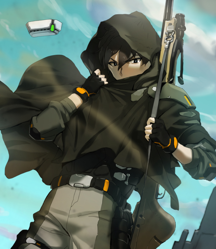 1boy belt black_eyes black_gloves blue_sky brown_hair cloak clouds commentary_request covered_mouth fingerless_gloves gloves gun hair_between_eyes hand_up highres holding holding_gun holding_weapon holster hood hooded_cloak looking_at_viewer male_focus original outdoors pants rifle sky solo weapon yang-do