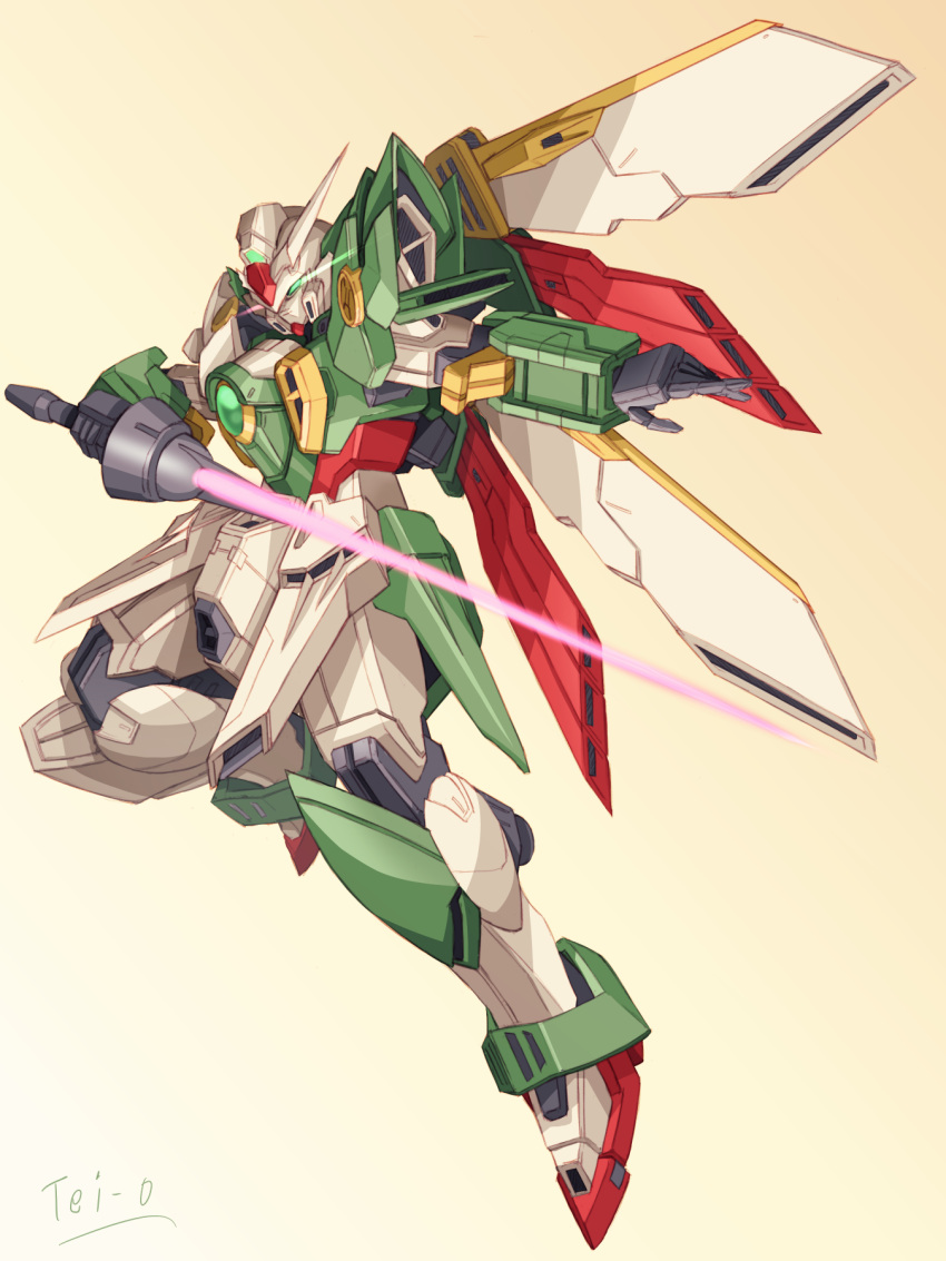 beam_rifle beam_saber commentary_request energy_gun full_body glowing gundam gundam_build_fighters highres holding holding_weapon mecha no_humans solo tei-o weapon wing_gundam_fenice wings