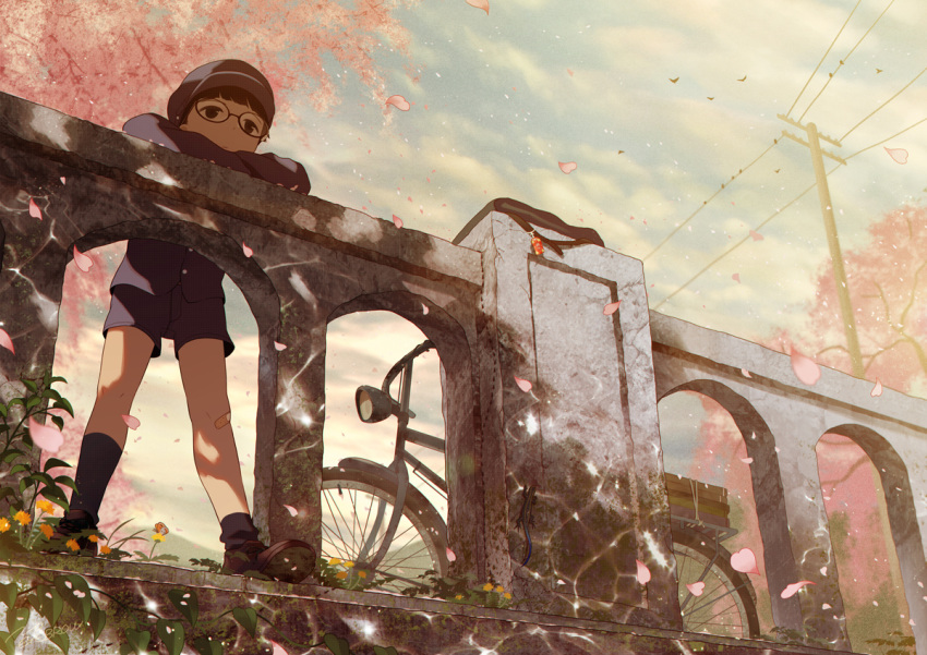 1boy bangs bicycle black_eyes black_hair blue_sky blunt_bangs bridge cherry_blossoms child clouds gakuran glasses ground_vehicle hat leaning_against_railing male_focus noeyebrow_(mauve) original outdoors petals power_lines railing school_uniform short_hair shorts sky spring_(season)