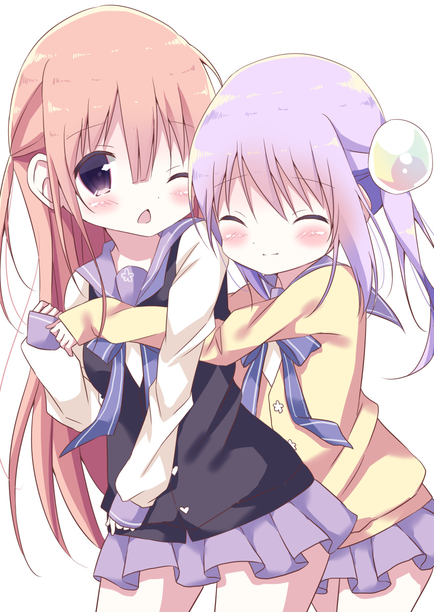 2girls ^_^ absurdres bangs blush brown_hair closed_eyes closed_mouth commentary_request cowboy_shot eyebrows_visible_through_hair hair_between_eyes hair_ornament hamada_pengin highres hug hug_from_behind long_hair long_sleeves multiple_girls one_eye_closed open_mouth original pleated_skirt purple_hair purple_sailor_collar purple_skirt sailor_collar school_uniform serafuku shirt skirt sleeves_past_wrists twintails very_long_hair violet_eyes white_shirt yellow_cardigan